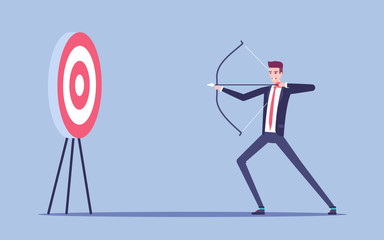 Young businessman aiming at the target with bow and arrow vector flat illustration. Young man in the suit arching in the target. Business concept goal and accuracy