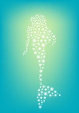 mermaid sparkle with aqua background, glitter sparking fairy tale silhouette, fantasy background, vector illustration