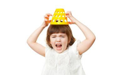 Girl 4-5 years angry in the game on a white background