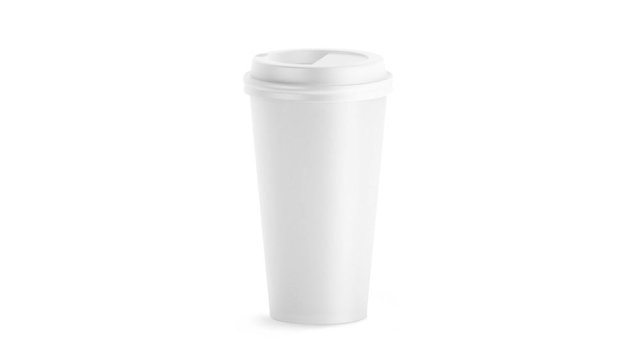 Blank white disposable large paper cup with plastic lid mock up isolated, looped rotation, 3d rendering. Empty polystyrene coffee drinking mug mockup front view. Clear plain tea take away turning.