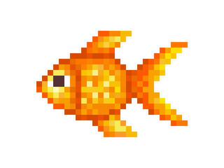 Goldfish, pixel art symbol isolated on white background. Pet animal.Popular aquarium fish. Chinese symbol of wealth and good luck. Old school 8 bit slot machine icon.Retro 80s; 90s video game graphics