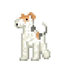 Naklejka premium White wire fox terrier, pixel art character isolated on white background. Cute puppy. Small dog breed. Pet friend. Old school 8 bit slot machine icon. Retro 80s,90s video game graphics.Domestic animal