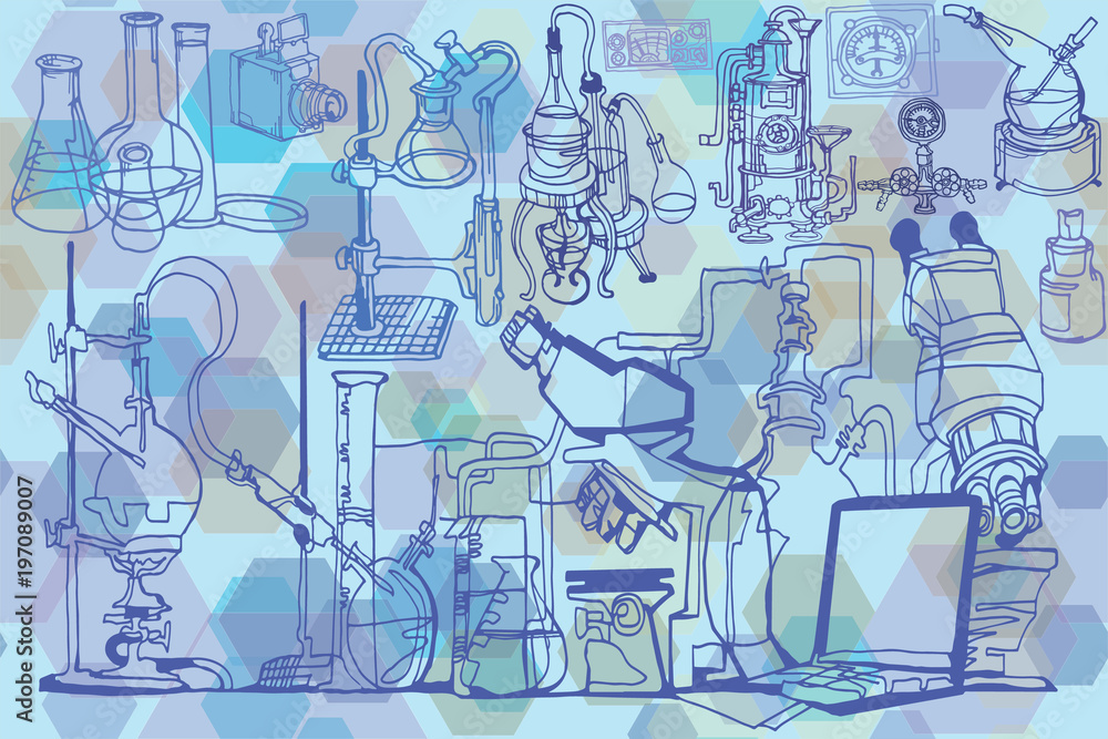 Wall mural vector seamless pattern with sketch elements related to science or education. physics or chemistry a