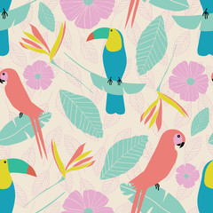Seamless vector tropical garden pattern with parrots, toucans, leaves, flowers in pink, blue, yellow, green with etched leaf background elements.