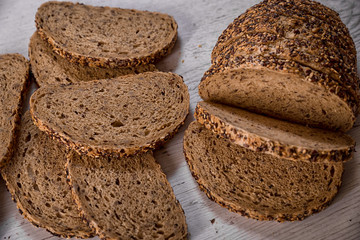 cereal bread, sliced on a plate