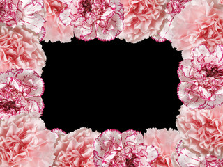 Beautiful floral frame of carnations on a black background