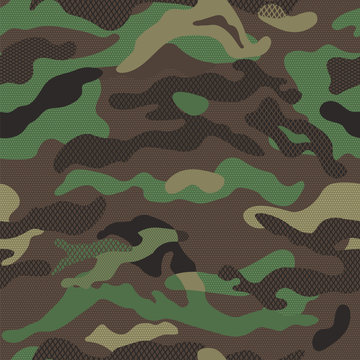 Camouflage pattern background seamless vector illustration. Classic clothing style masking repeat print. Dark Blue colors forest texture