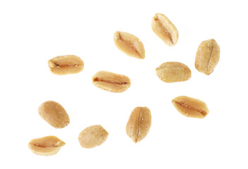 Roasted salted peanuts isolated on a white background, top view