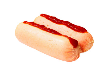 Sausage with ketchup isolated on white.