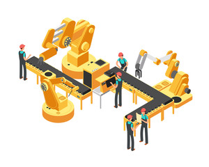 Conveyor production line automotive industry and automation control isometric vector concept
