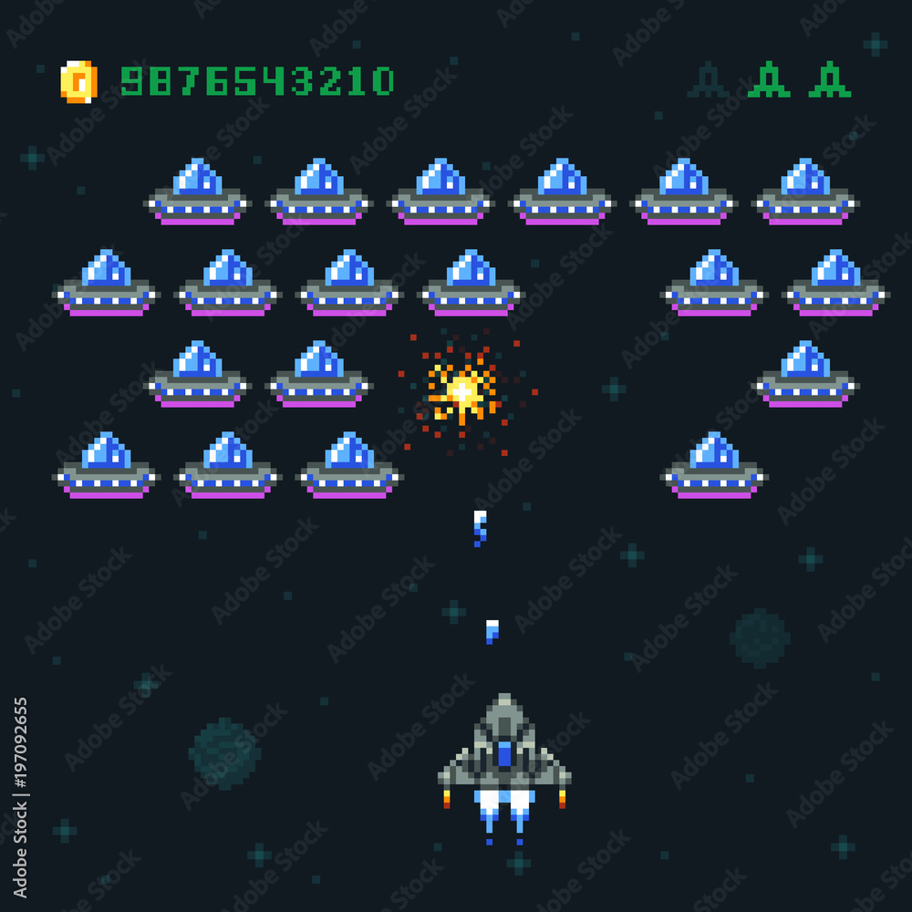 Aufkleber retro arcade game screen with pixel invaders and spaceship. space war computer 8 bit old vector grap
