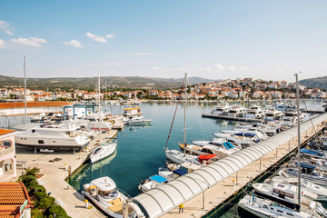 Fototapeta na wymiar ROGOZNICA, CROATIA - 30 SEPTEMBER, 2017: Rogoznica port, Dalmatia, Croatia. Popular tourist resort and sailing luxury resort in Dalmatia region,