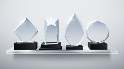 Realistic glass trophy awards, transparent diamond winner prizes on shelf vector illustration