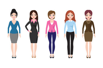 Young girl standing in different casual clothes isolated. Businesswoman in dress and pants vector set