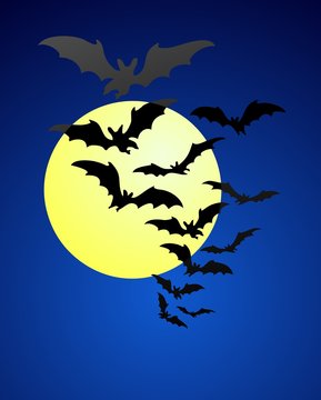 A flock of bats flying in front of a full moon in a clear sky