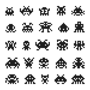 Pixel monster space invaders vector silhouette 8 bit icons