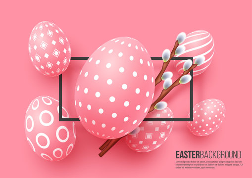 Abstract Easter pink background. Decorative 3d eggs with frame and willow branches. Vector illustration.