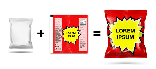 Mockup of food snack pillow bag on white background. Vector illustration. Can be use for template your design, promo, adv. File layered, quickly place your image. EPS10.