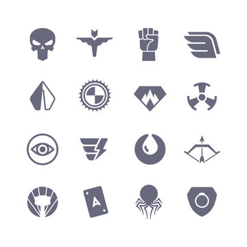 Superheroes vector icons. Super power superhero heroic symbols