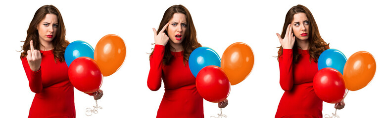 Set of Beautiful young girl holding balloons and making crazy gesture