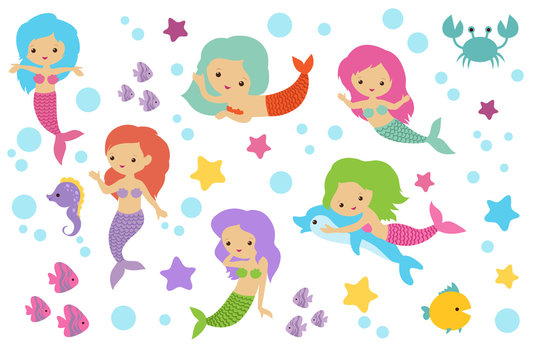 Pretty swimming mermaids with underwater elements. Sea princess girls cartoon characters