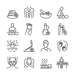Fotobehang Relaxing massage and organic spa line pictograms. Hand therapy vector icons © MicroOne