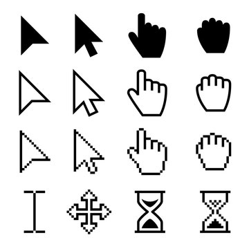 Arrow web cursors, digital hand pointers vector black pictograms