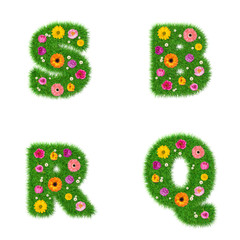 Letter SBRQ made of grass and colorful flowers, spring concept for graphic design collage. 3D Render.