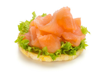 Bread with fresh salmon fillet isolated on white background, top view.
