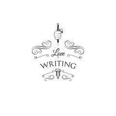 Feather pen in fist. Write sign logo. Love Writing inscription. Vector illustration.