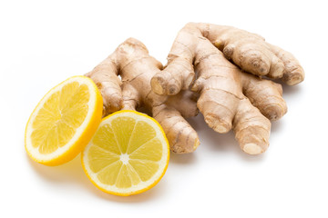 Ginger bio and lemon on white background.