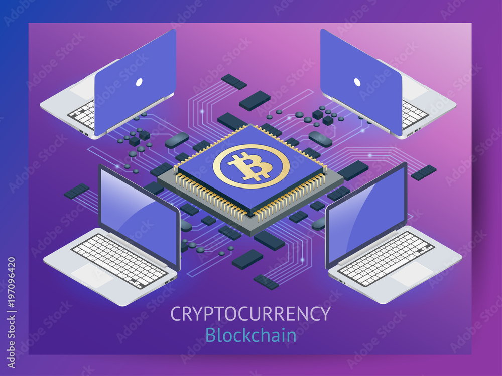 Poster cryptocurrency and blockchain isometric composition.