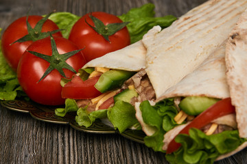 Shawarma Sandwich with fresh vegetables and chicken grilled meat, Doner Kebab, Chicken Shawarma, Burrito
