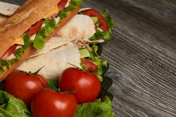 Burrito with grilled chicken and vegetables, Shawarma Sandwich, Doner Kebab, Chicken Shawarma, Subway sandwich on wooden table