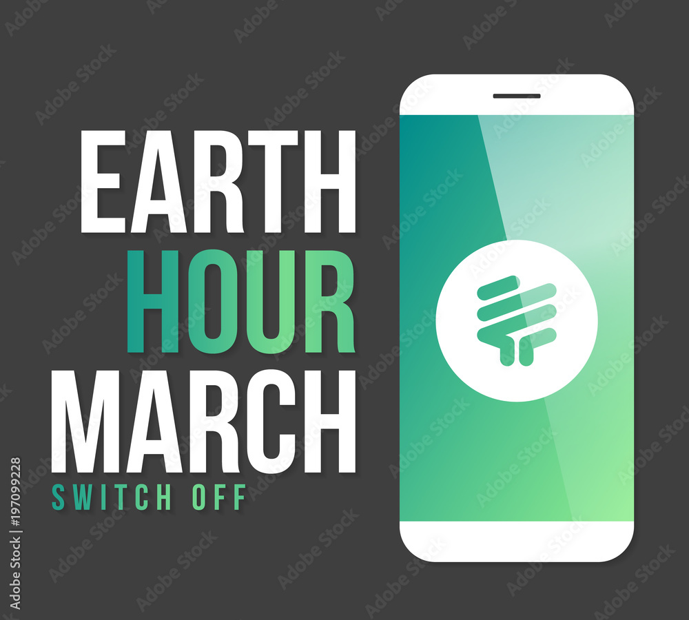 Poster earth hour vector illustration in march with modern minimal style flat smart phone and space for tex
