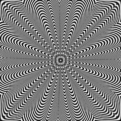 Abstract black and white background. Geometric pattern with visual distortion effect. Illusion of rotation. Op art.