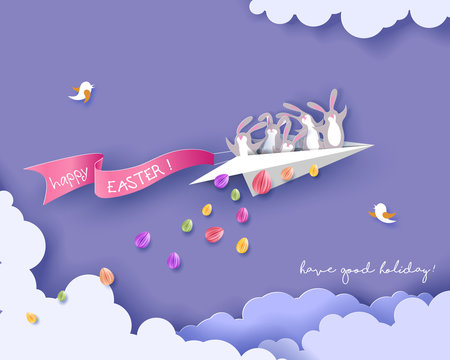 Happy Easter card with bunny flying on paper airplane on purple sky background. Vector illustration. Paper cut and craft style.