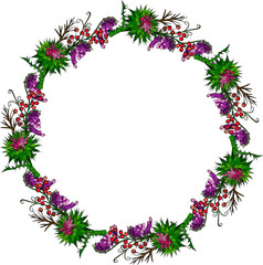 painted wreath of burdock flowers, mouse peas