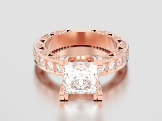 3D illustration rose gold channel princess cut diamond engagement decorative ring