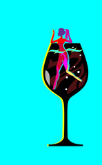 Beautiful girl bathing in goblet. Pin-up cartoon Character drink. Isolated beautiful background. Vector illustration. Cocktail Party.