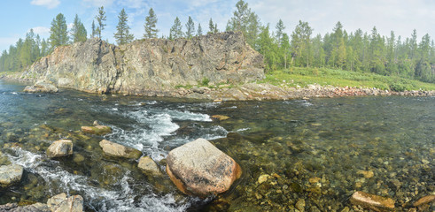 River rapids in the Polar Urals, panorama.