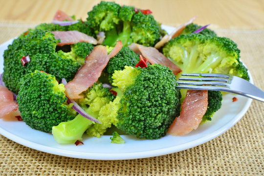 Sauteed broccoli salad with bacon and garlic