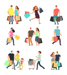 Fototapeta na wymiar Happy shopping people. Man, woman and shoppers with gift boxes and shopping bags. Vector cartoon characters set