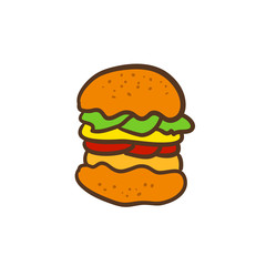 Burger print. Fast food doodle badge. Funny vector icon.