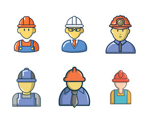 Construction worker icon set, cartoon style