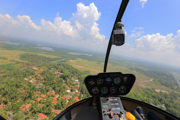 Helicopter inside view. Helicopter Robinson R44  - obrazy, fototapety, plakaty