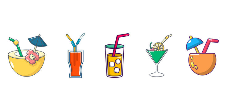 Cocktail icon set, cartoon style