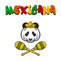 Panda face with sombrero and maracas. Mexico. Mexicana. Vector illustration.