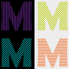 Line art logo set. Letter "M" design. Alphabet, abstract set of letters A, from horizontal, vertical, oblique strips, executed on a white and black background.