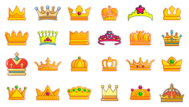 Crown icon set, cartoon style
